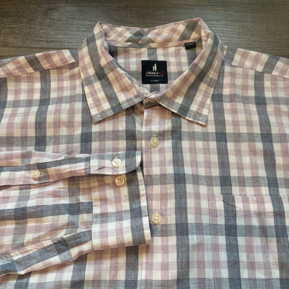 Johnnie-O Mens XL Plaid Button Down Shirt Purple Grey Long Sleeve Surfer Logo